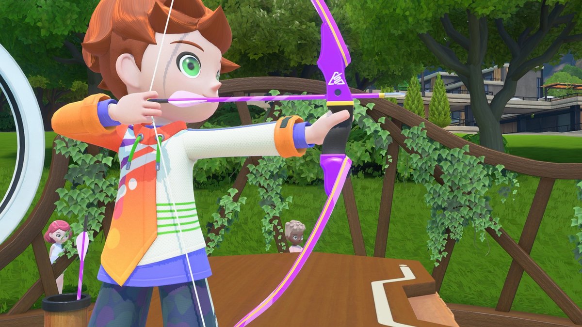 A character drawing a purple bow at an archery range in Nintendo Switch Sports Resort