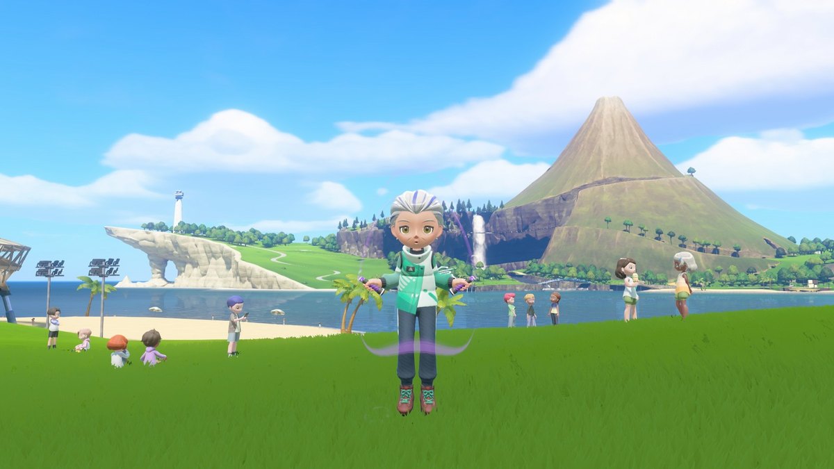 A character skipping rope on a grassy field with a volcano and beach behind in Nintendo Switch Sports Resort