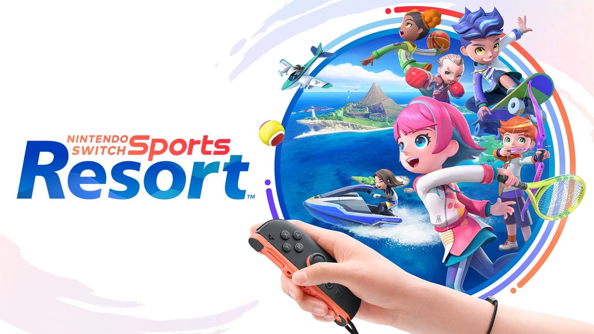 Official key art for Nintendo Switch Sports Resort showing colorful characters playing sports around Wuhu Island with a Joy-Con 2 controller