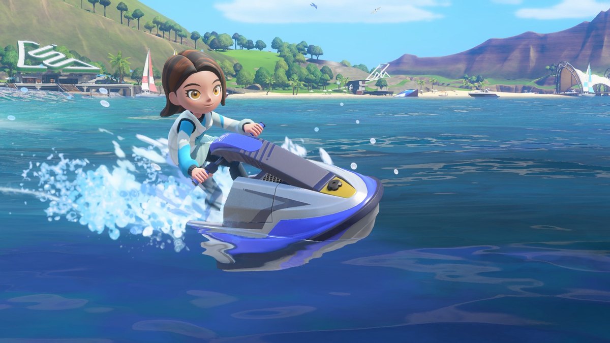 A character riding a personal watercraft through ocean spray in Nintendo Switch Sports Resort