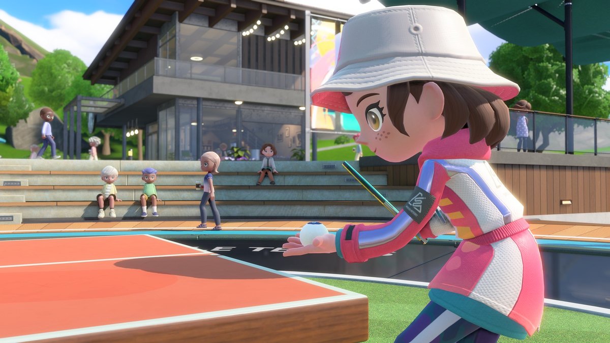 A character about to serve at a table tennis table in Nintendo Switch Sports Resort