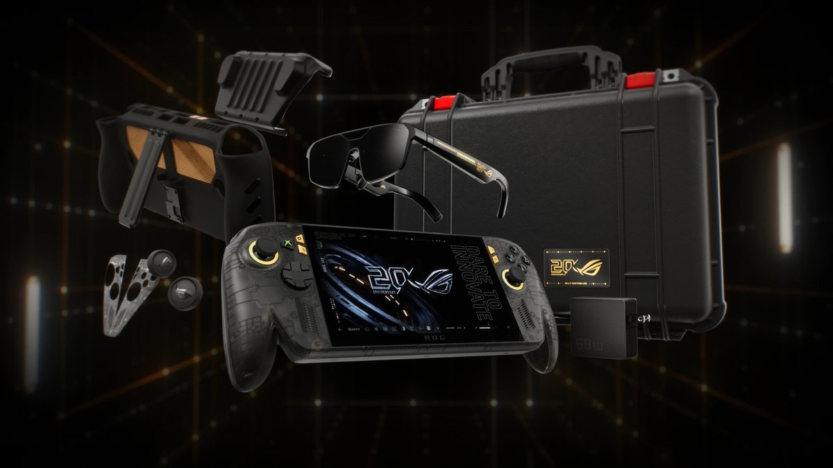 The ROG Xbox Ally X20 handheld with its XREAL glasses, cases and charger