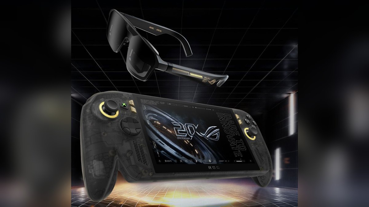 The ROG Xbox Ally X20 with its translucent black body and ROG XREAL glasses