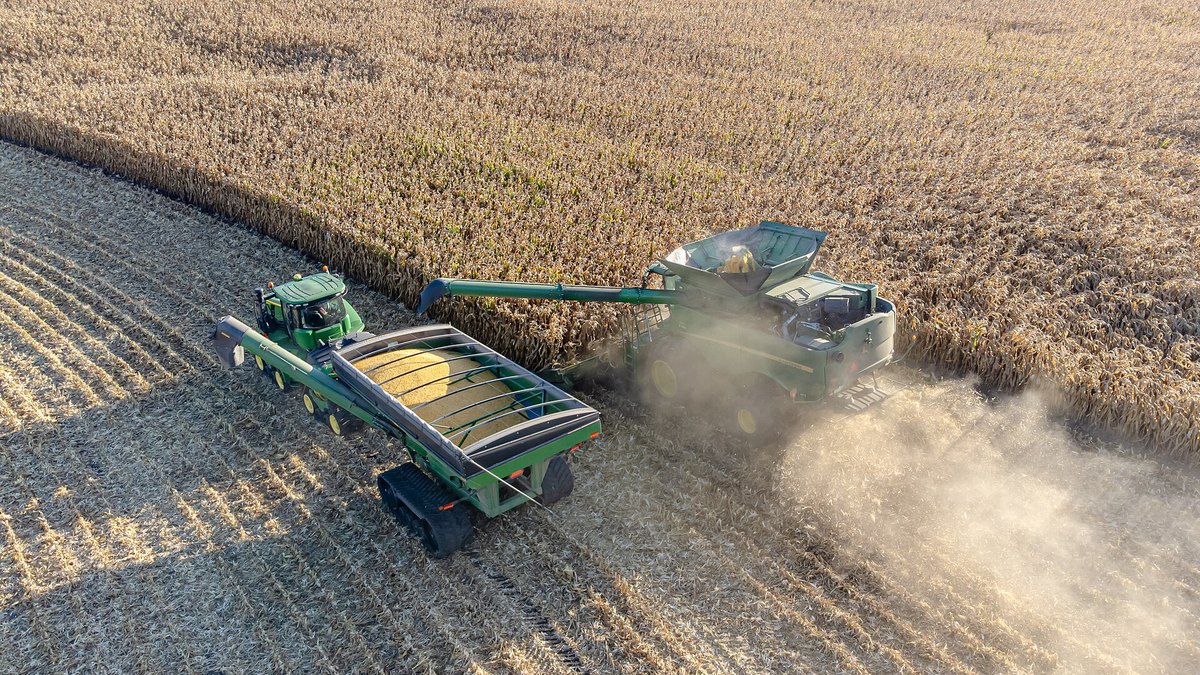 A combine unloading corn into a grain cart during harvest