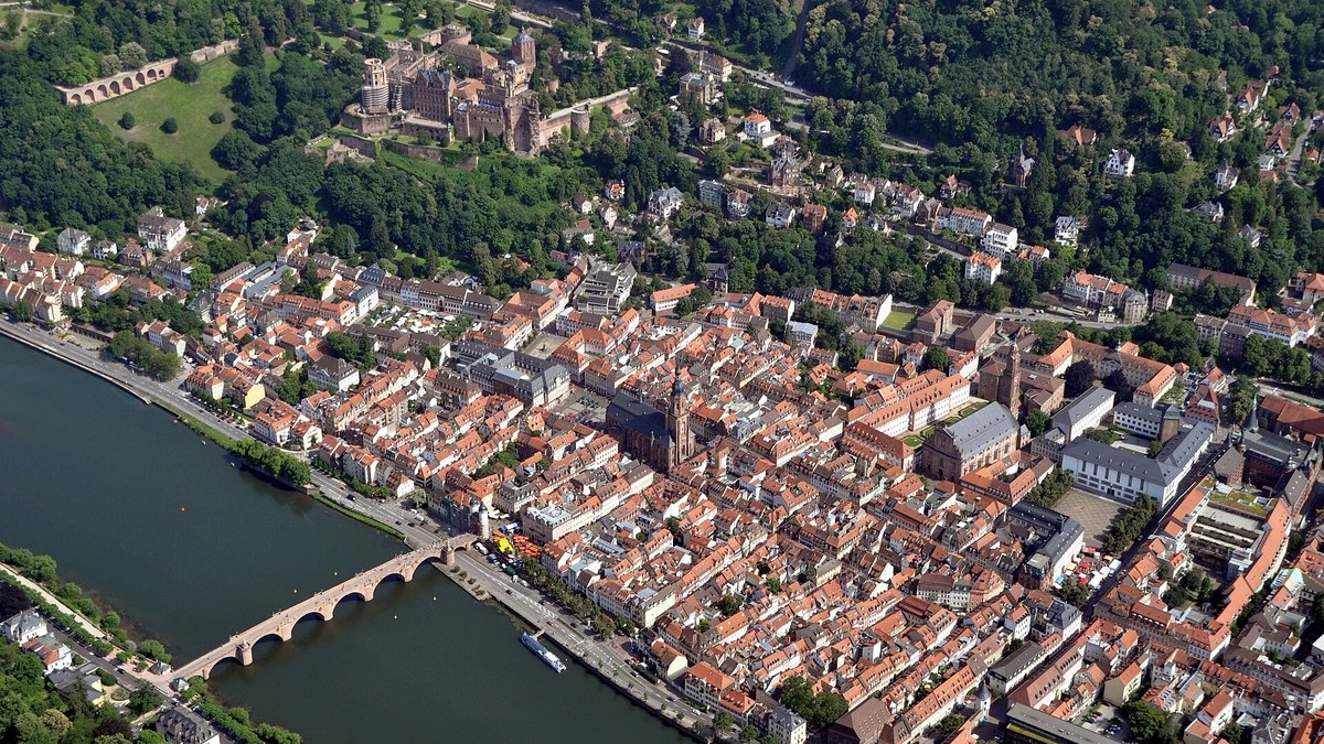 Aerial view of Heidelberg's old town and castle, where Aleph Alpha is headquartered