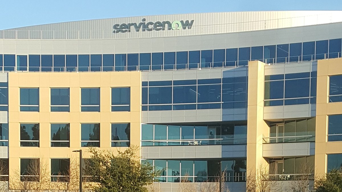The ServiceNow sign on its global headquarters building in Santa Clara, California