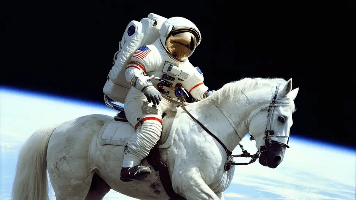 An AI-generated image of an astronaut riding a horse above Earth, made with Stability AI's Stable Diffusion 3.5 Large