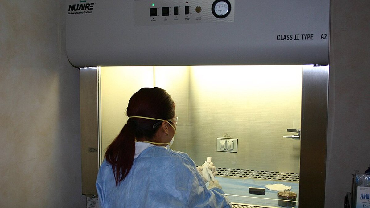 A technician in a gown, mask and gloves preparing medications inside a Class II biosafety cabinet