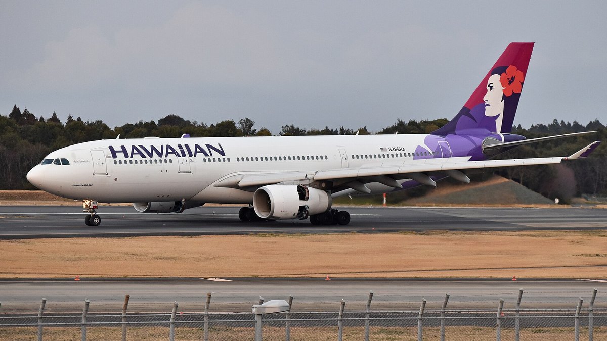 A Hawaiian Airlines Airbus A330 on a runway